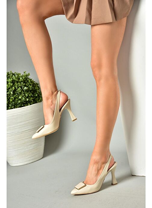 P250148209 Bej Tokalı Kalın Topuklu Kadın Ayakkabı - Görsel 4