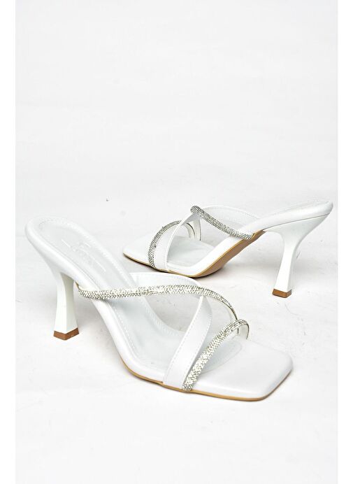 S590333109 Beyaz Taşlı Topuklu Kadın Terlik - Görsel 8