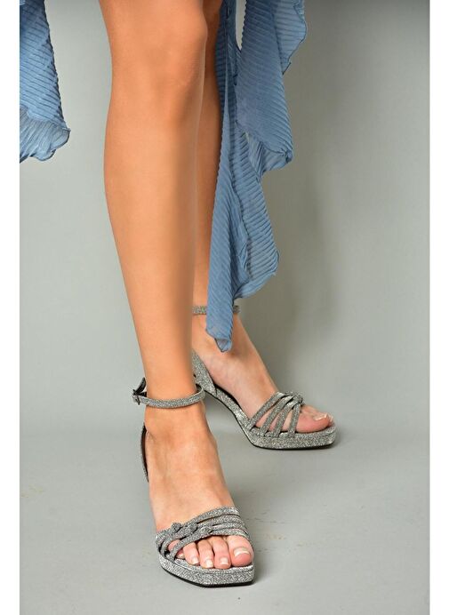 S569315714 Platin Sim Kalın Topuklu Abiye Ayakkabı - Görsel 5