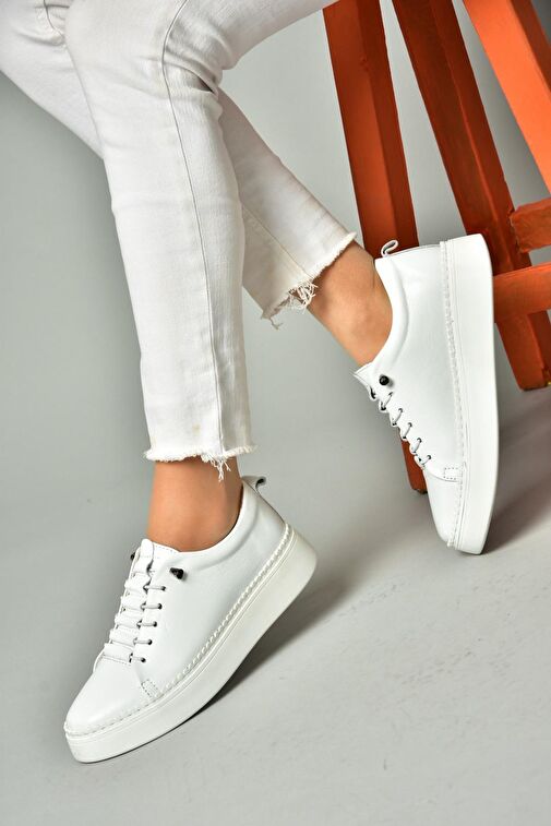 P555305003 Beyaz Hakiki Deri Spor Ayakkabı Sneakers - Görsel 2