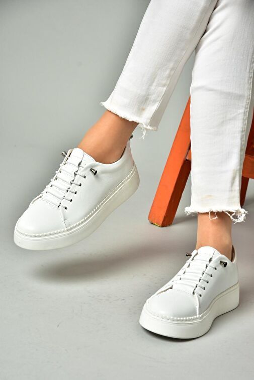 P555305003 Beyaz Hakiki Deri Spor Ayakkabı Sneakers - Görsel 3