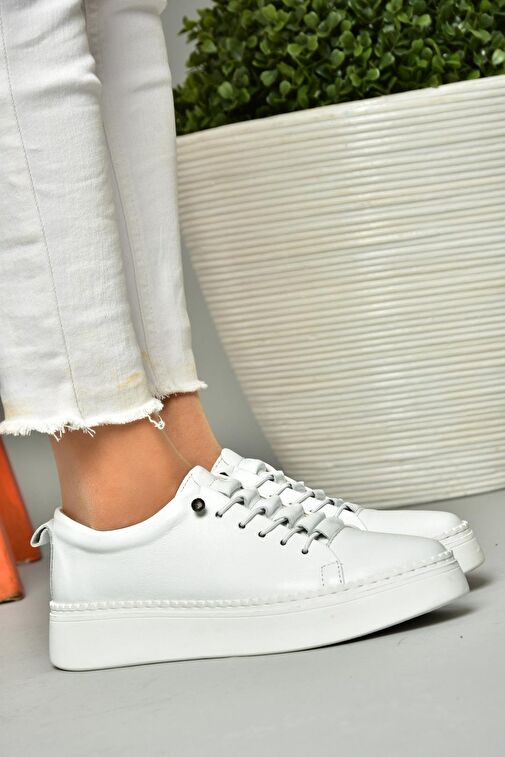 P555305003 Beyaz Hakiki Deri Spor Ayakkabı Sneakers - Görsel 4