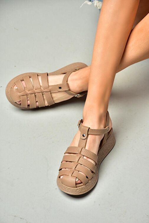 P555050503 Vizon Hakiki Deri Kalın Tabanlı Sandalet - Görsel 2