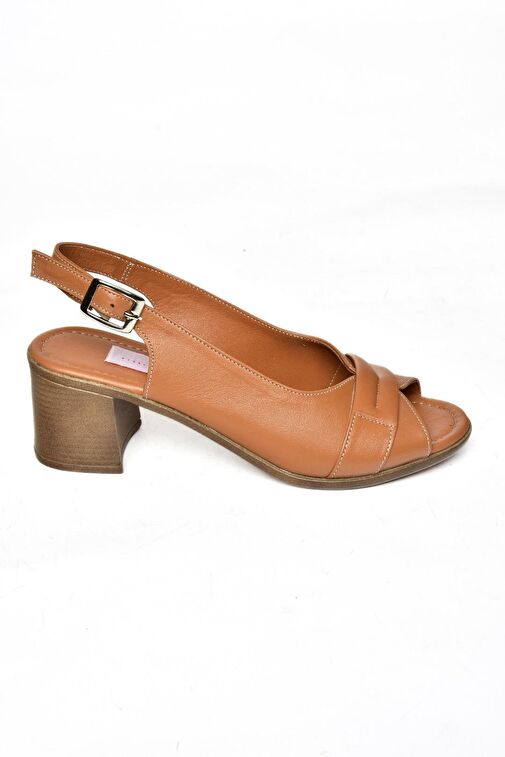 P555452903 Taba Hakiki Deri Kalın Topuklu Kadın Sandalet - Görsel 6