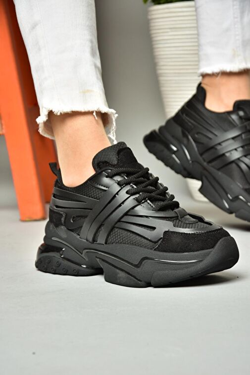 S973602404 Siyah Kumaş Kalın Tabanlı Spor Ayakkabı Sneakers - Görsel 2