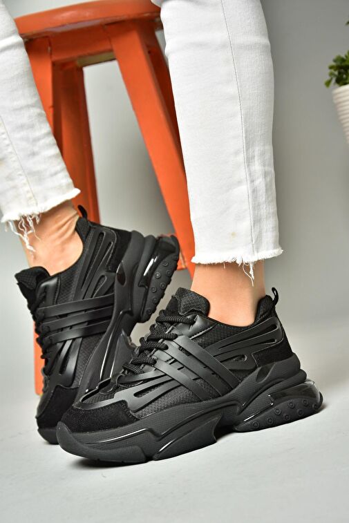 S973602404 Siyah Kumaş Kalın Tabanlı Spor Ayakkabı Sneakers - Görsel 3