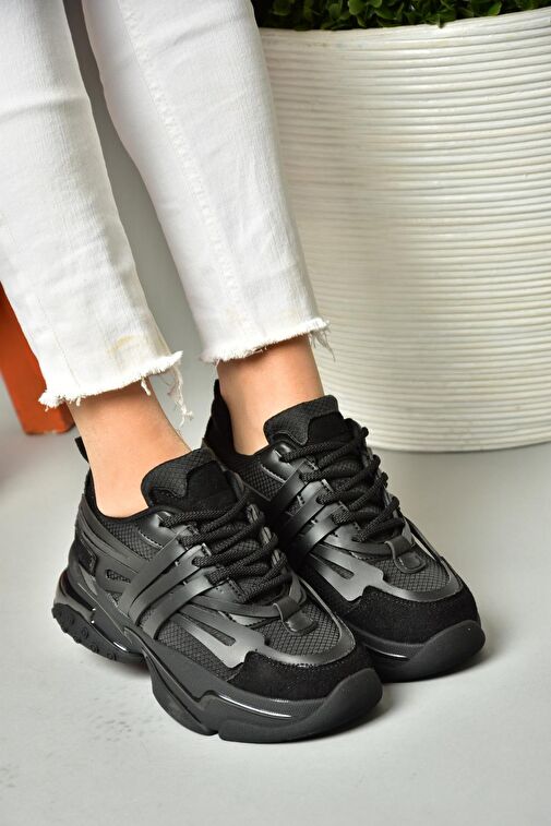 S973602404 Siyah Kumaş Kalın Tabanlı Spor Ayakkabı Sneakers - Görsel 4