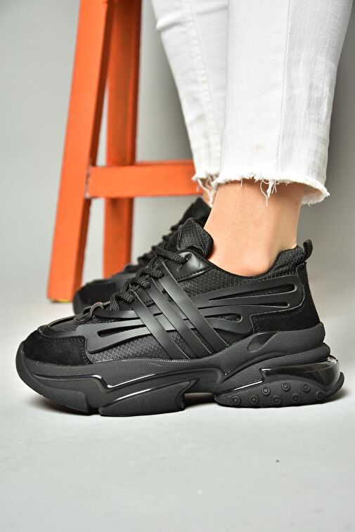 S973602404 Siyah Kumaş Kalın Tabanlı Spor Ayakkabı Sneakers - Görsel 5
