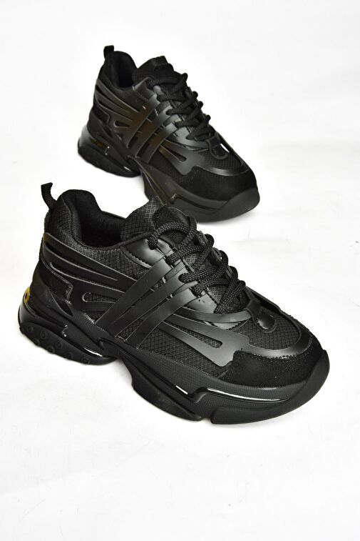 S973602404 Siyah Kumaş Kalın Tabanlı Spor Ayakkabı Sneakers - Görsel 6