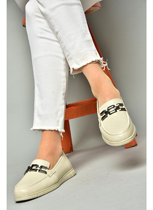 P555081103 Bej Hakiki Deri Düz Ayakkabı - Görsel 2