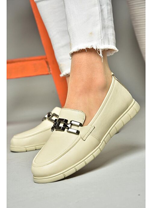 P555081103 Bej Hakiki Deri Düz Ayakkabı - Görsel 3