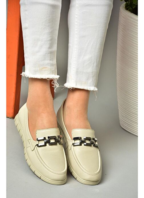 P555081103 Bej Hakiki Deri Düz Ayakkabı - Görsel 4