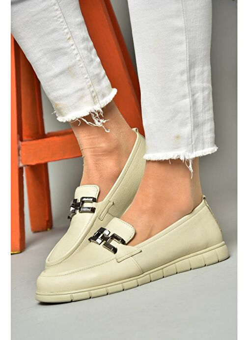 P555081103 Bej Hakiki Deri Düz Ayakkabı - Görsel 5