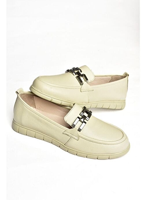 P555081103 Bej Hakiki Deri Düz Ayakkabı - Görsel 6