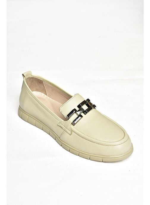 P555081103 Bej Hakiki Deri Düz Ayakkabı - Görsel 8