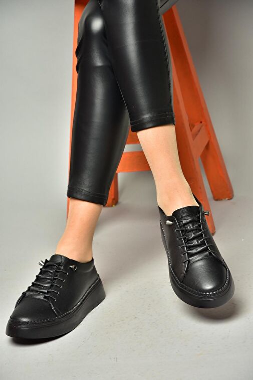 P555305003 Siyah Deri Spor Ayakkabı Sneakers - Görsel 3