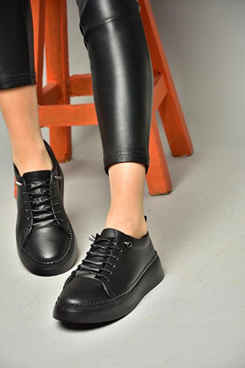 P555305003 Siyah Deri Spor Ayakkabı Sneakers - Görsel 4