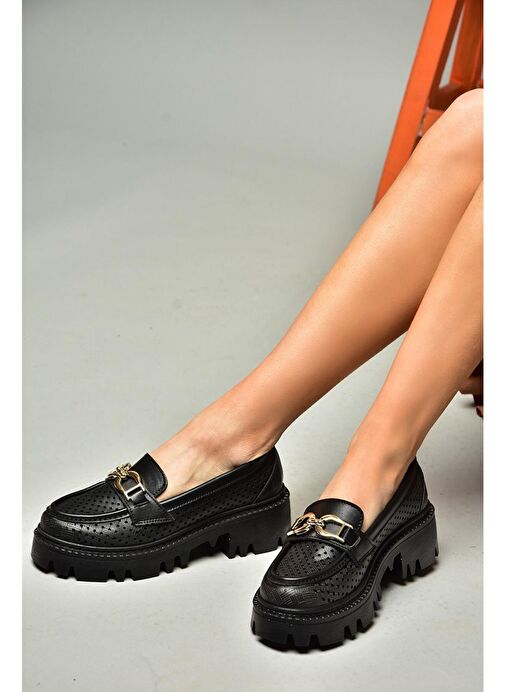 S250242609 Siyah Kalın Tabalı Kadın Ayakkabı - Görsel 3