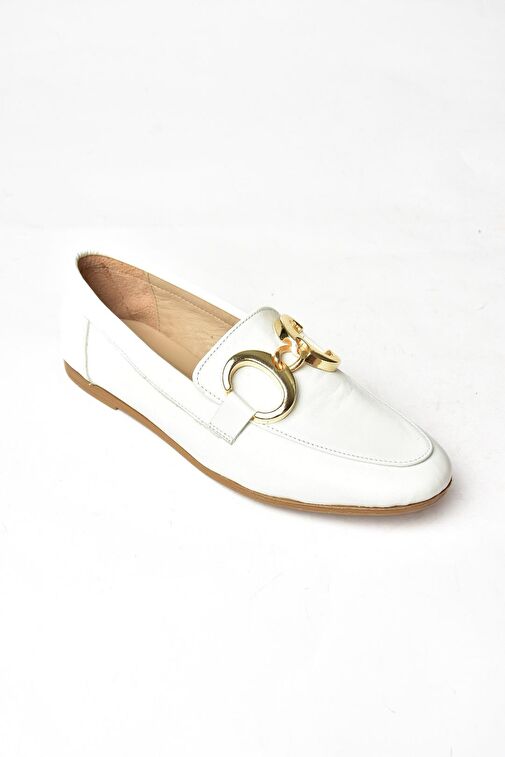 S291070303 Beyaz Hakiki Deri Kadın Babet - Görsel 5