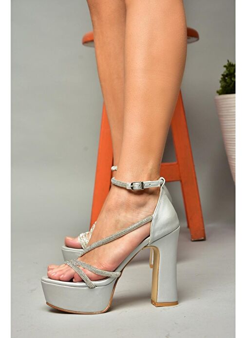 Fox Shoes Gümüş Kadın Kumaş Platform Topuklu Abiye Ayakkabı 12243 - Görsel 2