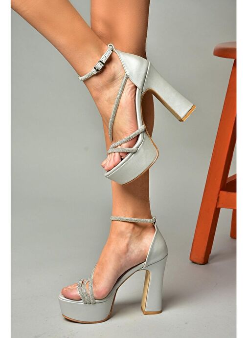 Fox Shoes Gümüş Kadın Kumaş Platform Topuklu Abiye Ayakkabı 12243 - Görsel 5