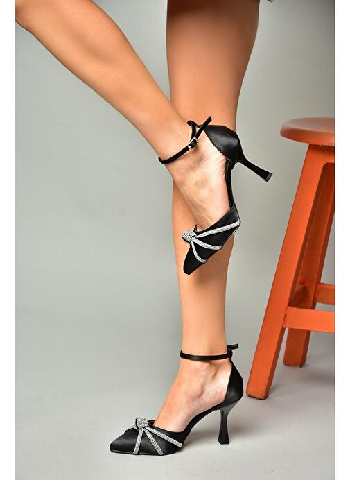 S246061904 Siyah Saten Kumaş Taşlı Abiye Ayakkabı - Görsel 5