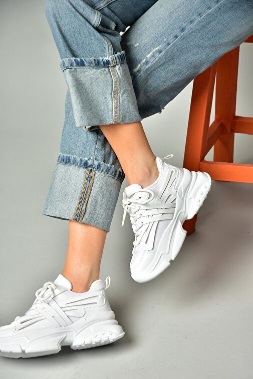 S973602404 Beyaz Kumaş Kalın Tabanlı Spor Ayakkabı Sneakers - Görsel 2