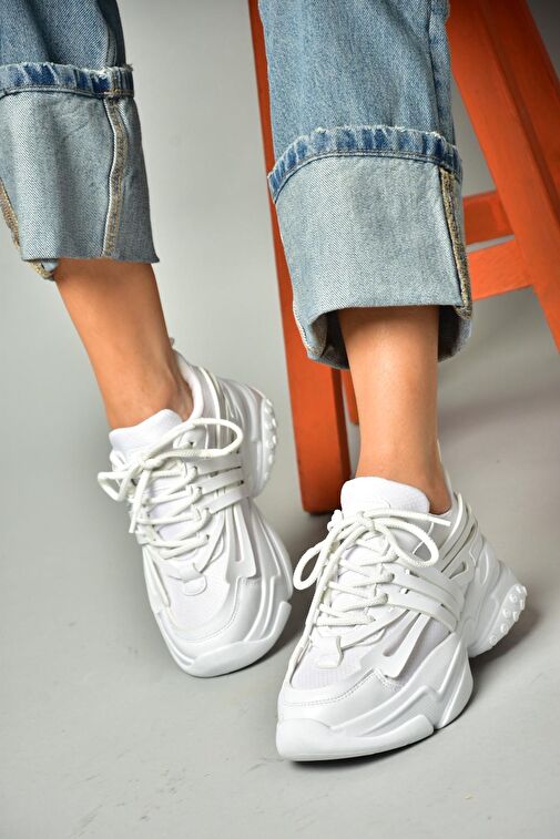 S973602404 Beyaz Kumaş Kalın Tabanlı Spor Ayakkabı Sneakers - Görsel 3