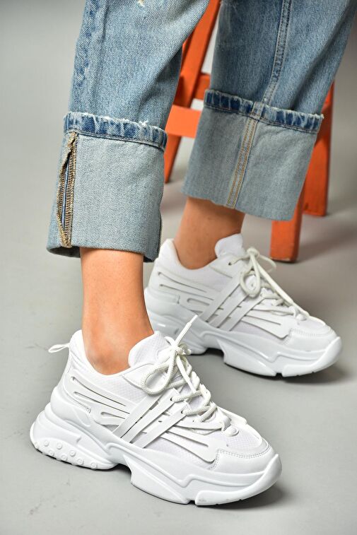 S973602404 Beyaz Kumaş Kalın Tabanlı Spor Ayakkabı Sneakers - Görsel 4