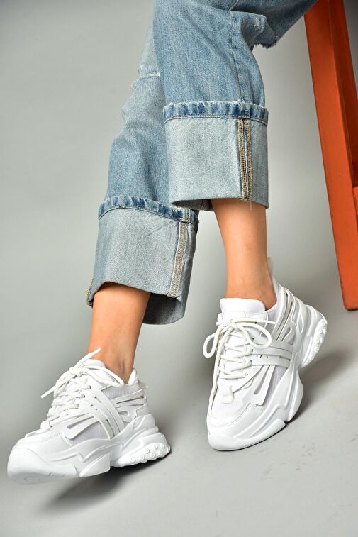 S973602404 Beyaz Kumaş Kalın Tabanlı Spor Ayakkabı Sneakers - Görsel 5
