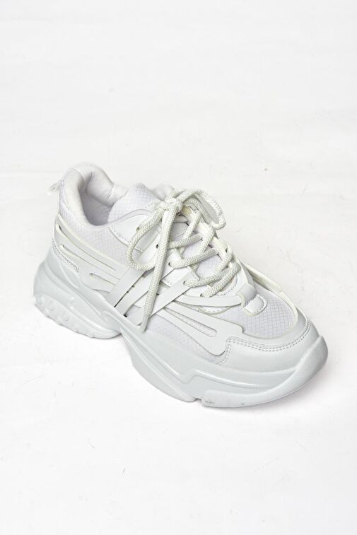 S973602404 Beyaz Kumaş Kalın Tabanlı Spor Ayakkabı Sneakers - Görsel 6