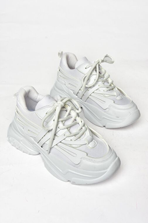S973602404 Beyaz Kumaş Kalın Tabanlı Spor Ayakkabı Sneakers - Görsel 7