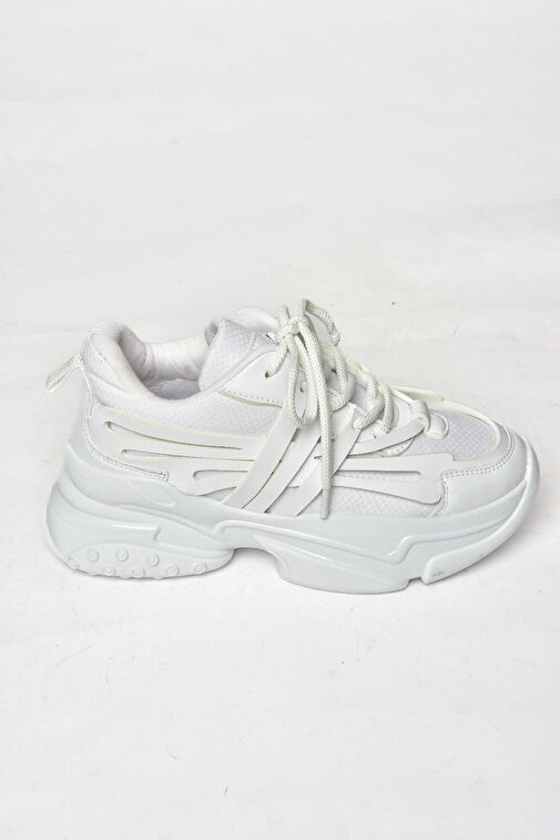 S973602404 Beyaz Kumaş Kalın Tabanlı Spor Ayakkabı Sneakers - Görsel 8