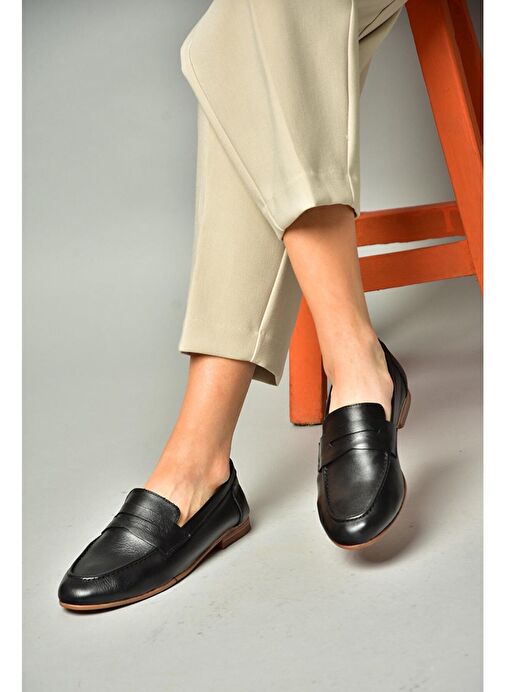 S944007803 Siyah Hakiki Deri Kadın Babet - Görsel 3