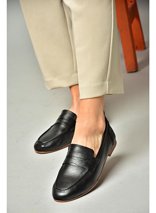 S944007803 Siyah Hakiki Deri Kadın Babet - Görsel 4