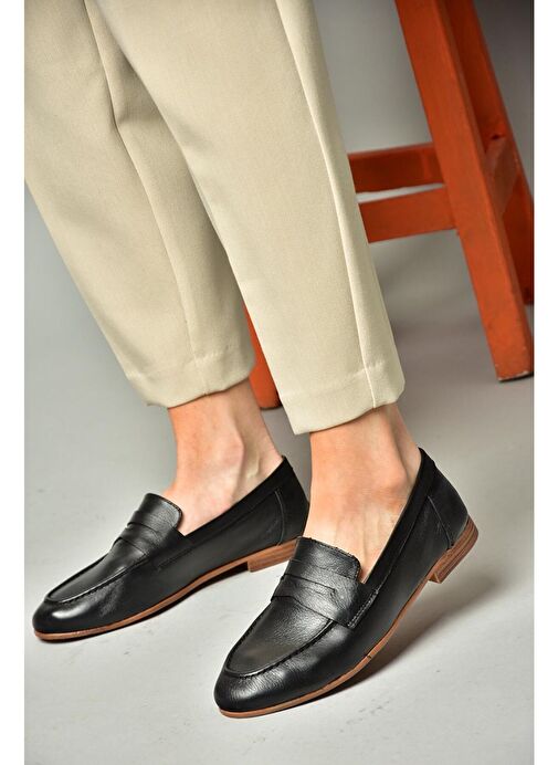 S944007803 Siyah Hakiki Deri Kadın Babet - Görsel 5