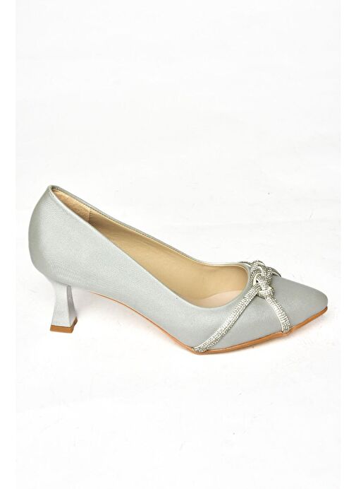 S246061604 Gümüş Kumaş Kalın Topuklu Kadın Abiye Ayakkabı - Görsel 6
