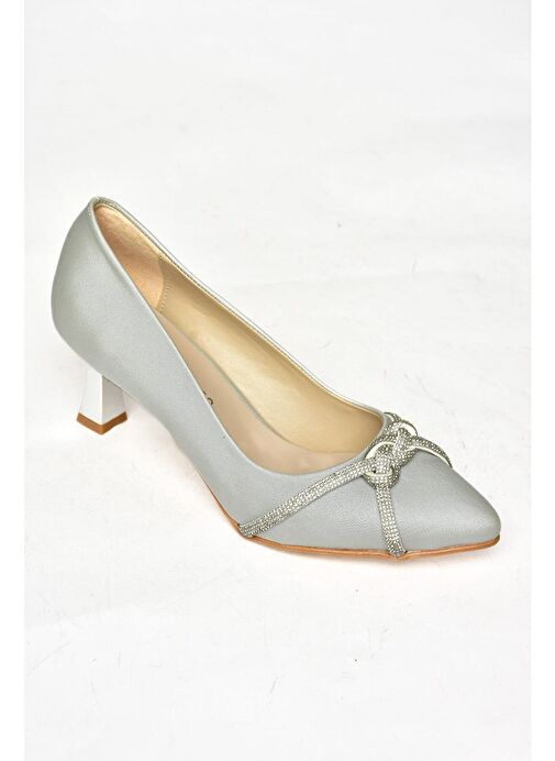 S246061604 Gümüş Kumaş Kalın Topuklu Kadın Abiye Ayakkabı - Görsel 7