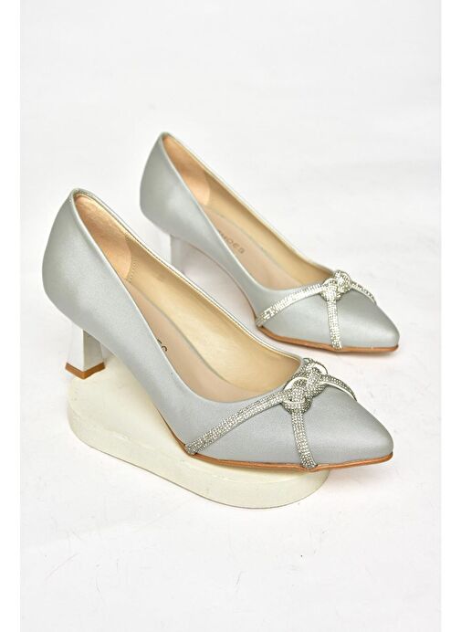 S246061604 Gümüş Kumaş Kalın Topuklu Kadın Abiye Ayakkabı - Görsel 9