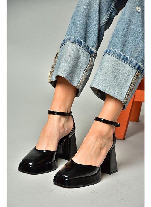 S282030308 Siyah Rugan Kalın Topuklu Kadın Ayakkabı - Görsel 2