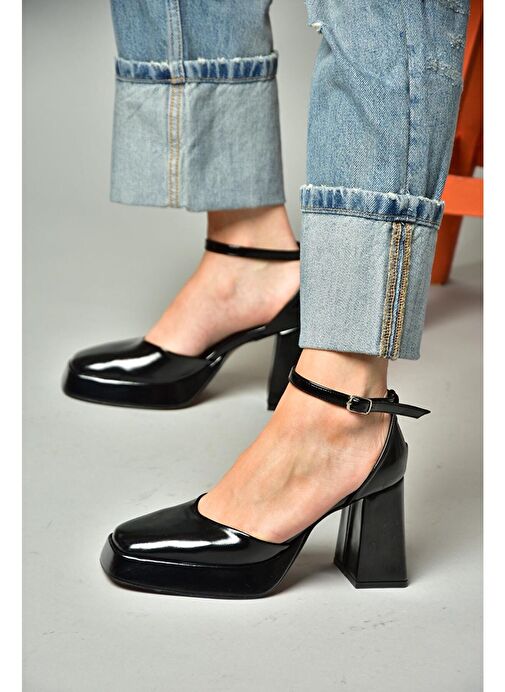 S282030308 Siyah Rugan Kalın Topuklu Kadın Ayakkabı - Görsel 3