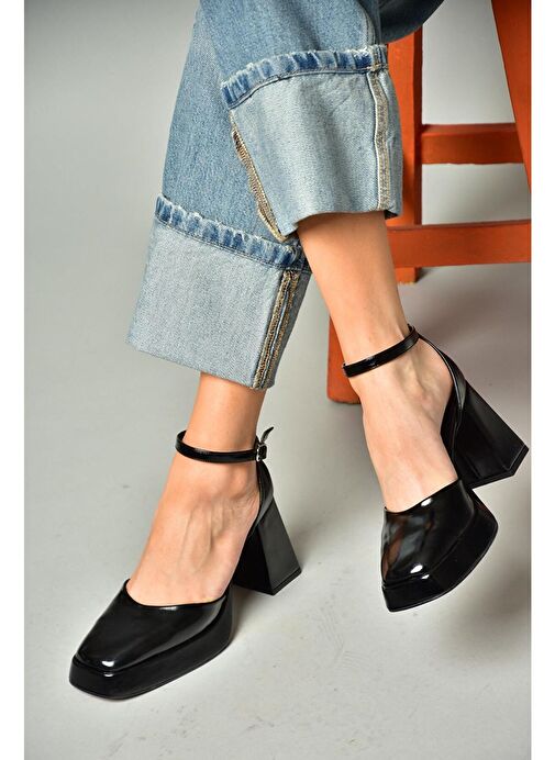 S282030308 Siyah Rugan Kalın Topuklu Kadın Ayakkabı - Görsel 4