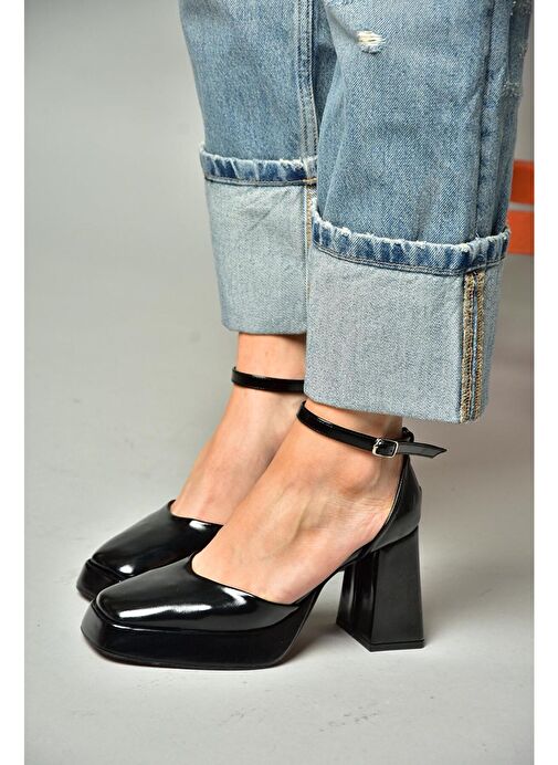 S282030308 Siyah Rugan Kalın Topuklu Kadın Ayakkabı - Görsel 5