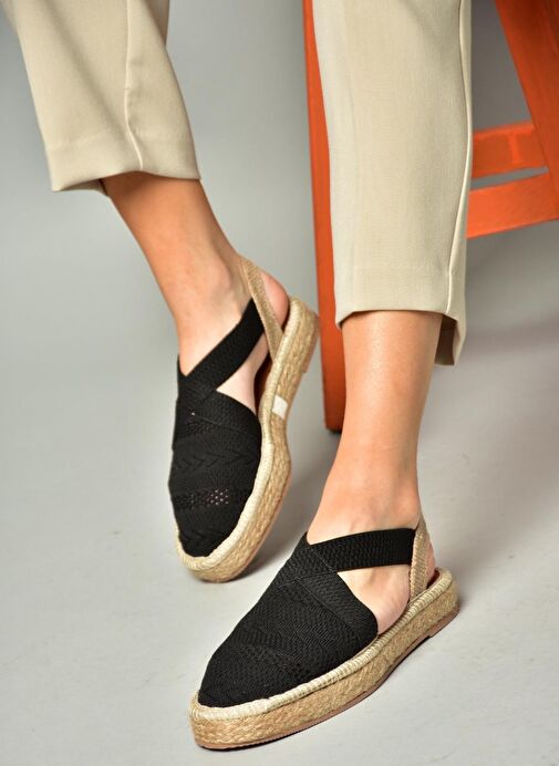 S404010106 Siyah Dantel Kumaş Kadın Espadril Sandalet - Görsel 2
