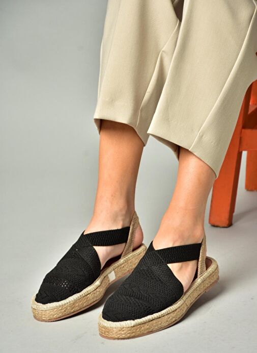 S404010106 Siyah Dantel Kumaş Kadın Espadril Sandalet - Görsel 3