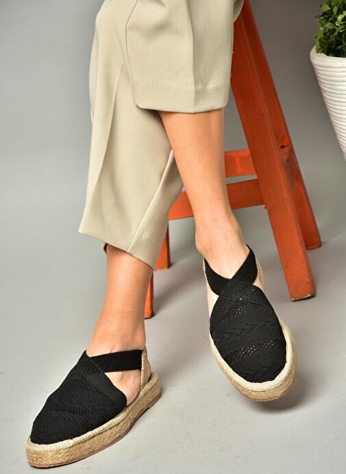 S404010106 Siyah Dantel Kumaş Kadın Espadril Sandalet - Görsel 4