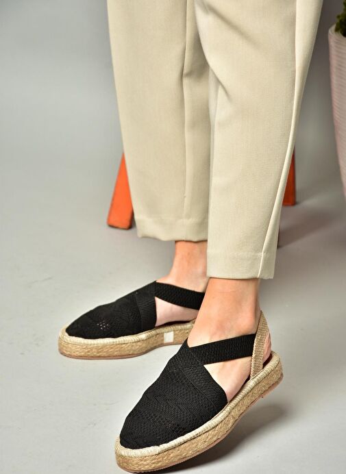S404010106 Siyah Dantel Kumaş Kadın Espadril Sandalet - Görsel 5