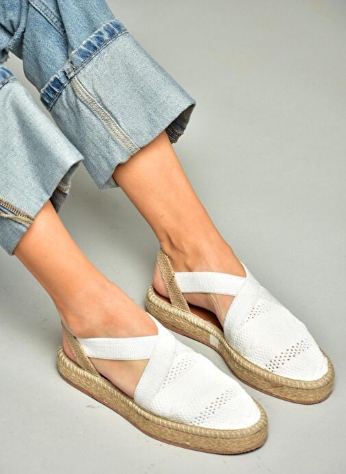 S404010106 Beyaz Dantel Kumaş Kadın Espadril Sandalet - Görsel 2