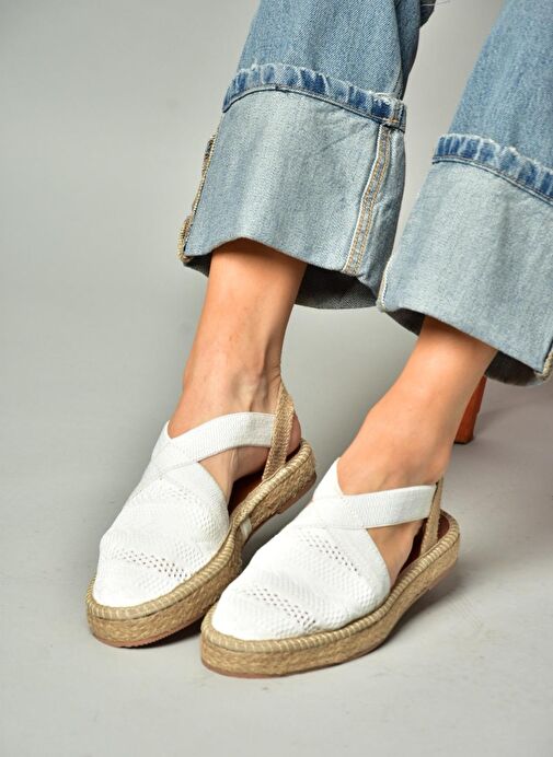 S404010106 Beyaz Dantel Kumaş Kadın Espadril Sandalet - Görsel 3