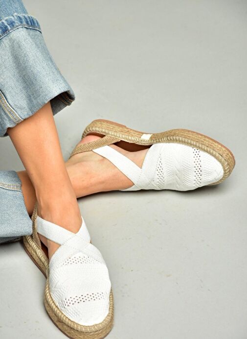 S404010106 Beyaz Dantel Kumaş Kadın Espadril Sandalet - Görsel 4